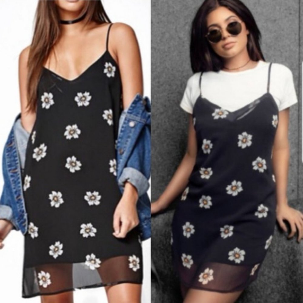 Kendall & Kylie Black Floral Mini Slip Dress
